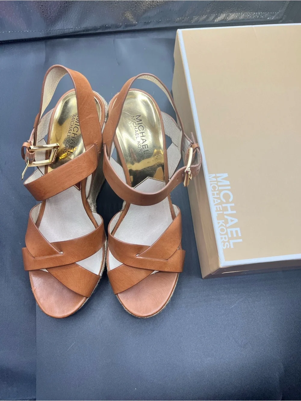 Michael Kors Cognac Leather Espadrille Wedge Sandals